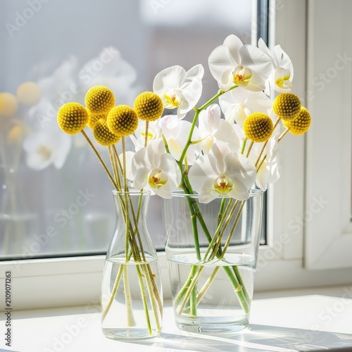 Delicate white orchids and yellow craspedia balls arranged in clear glass vases sit on a sunny windowsill during a peaceful morning, indoor, soft, glass