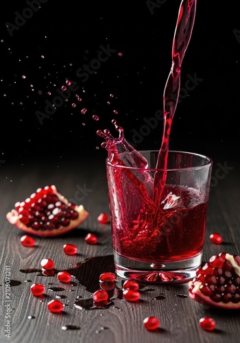 Deep crimson liquid pours into a transparent drinking glass, creating a refreshing splash with scattered pomegranate seeds on a table, crimson, organic, sweet