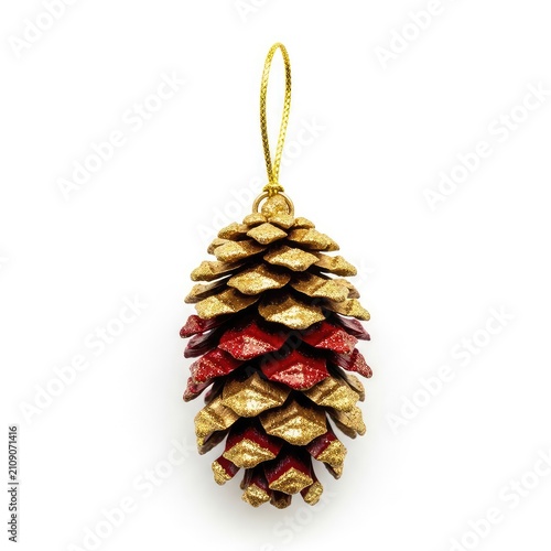 Elegant Christmas tree pendant featuring a natural spruce cone painted in gold and red, hanging gracefully against a clean white background, christmas, pine, shiny