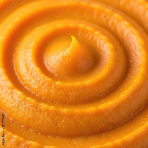 Intense macro view of thick pumpkin puree showing smooth swirls, vibrant orange color, and a velvety culinary texture with soft lighting, pulp, ingredient, healthy