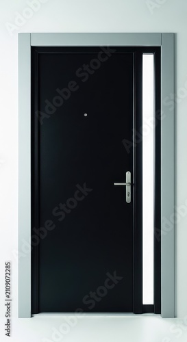 Modern single black fiberglass front door with a vertical glass sidelite, showcasing minimalist hardware and a clean architectural finish, building, door, renovation