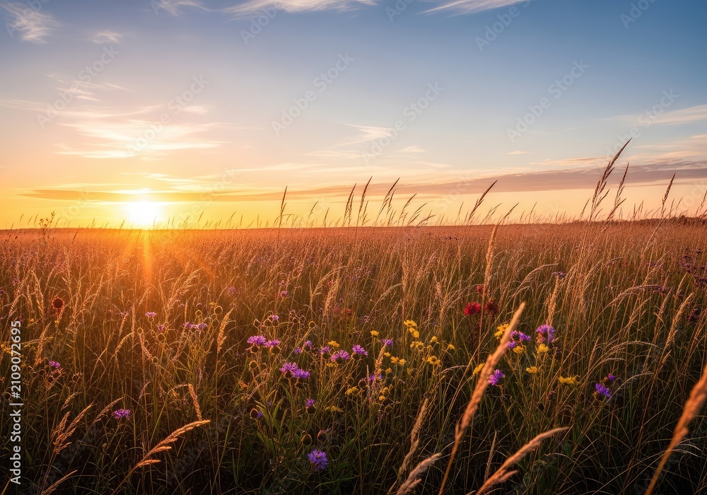 Obraz premium Soft golden sunlight illuminates a peaceful meadow filled with tall amber grass and delicate wild flowers during a quiet autumn sunset, dry, environment, calm