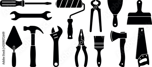 Construction hand tools silhouette icon set for home renovation repair and carpentry projects