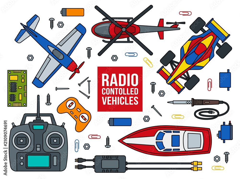 Obraz premium Radio Controlled Vehicles Vector Set with RC Plane, Car, Boat, Helicopter, and Hobbyist Tools