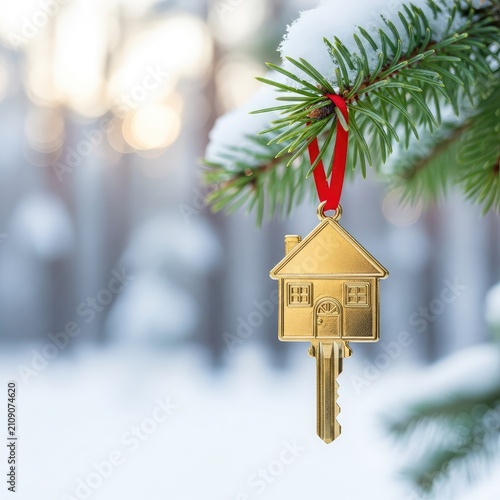 A miniature house-shaped key hangs like an ornament on a snowy pine branch in a winter forest, symbolizing a new home during the holidays, gold, ornament, dream