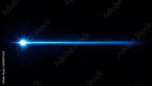 Sharp blue laser beam light flare shooting from left corner on black background
