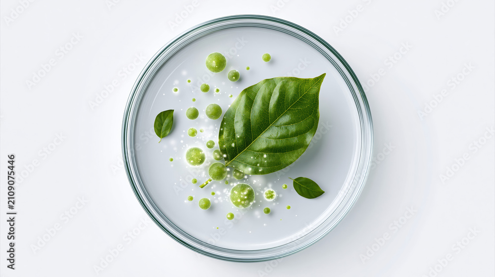 Obraz premium Laboratory petri dish with green leaf extracting exosome spheres