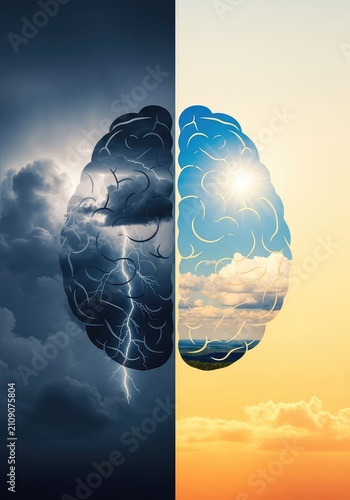 An abstract artistic representation of a brain silhouette split vertically, showing a dark stormy side and a bright sunny side side by side, emotion, health, oscillation
