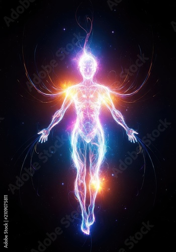 An abstract ethereal figure glows with vibrant light, radiating spiritual energy and celestial beauty amidst a swirling, cosmic void space, magical, shimmering, movement