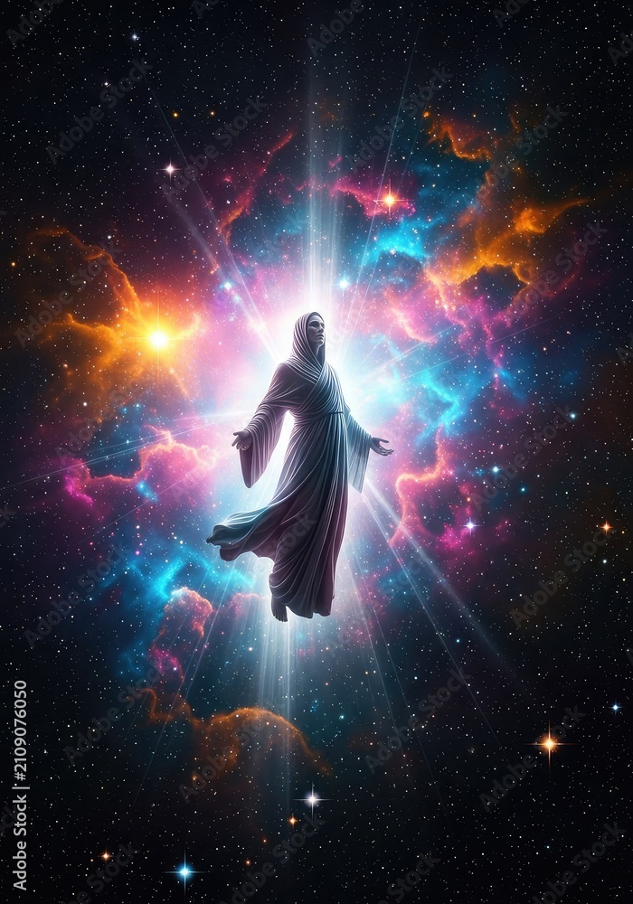 Naklejka premium An ethereal spiritual figure draped in robes drifting through colorful deep space nebulae surrounded by bright stars and cosmic light, art, aura, dreamlike