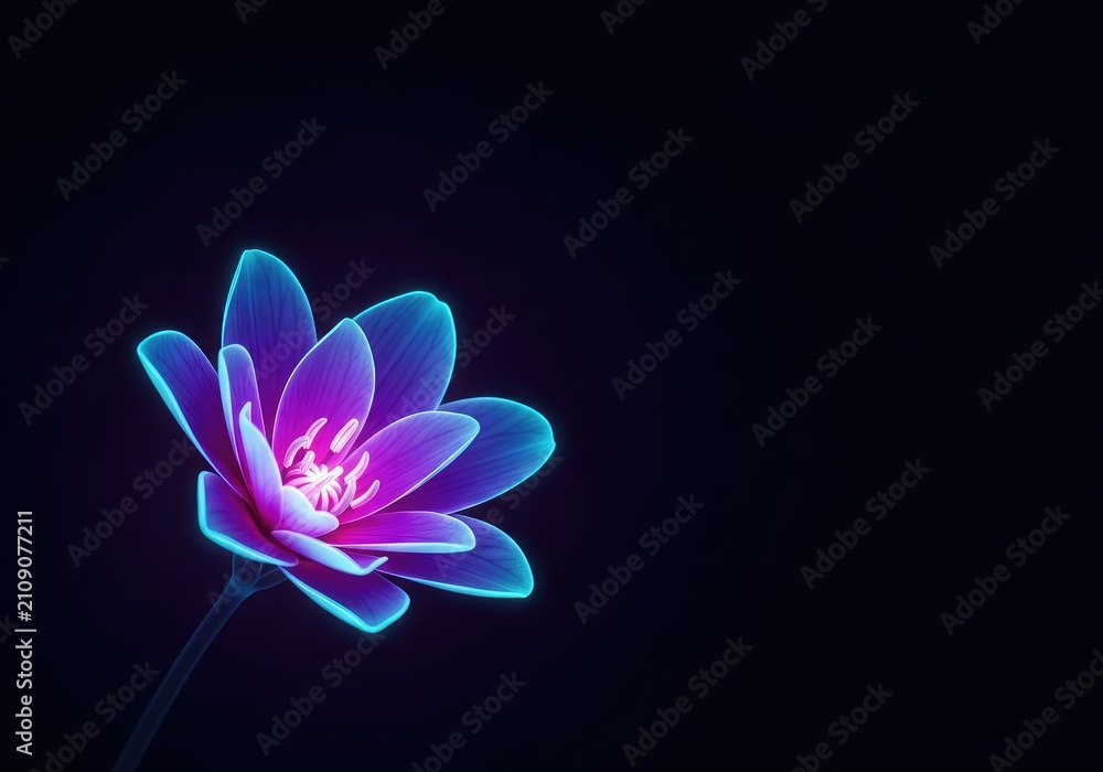 Obraz premium Radiant neon petals of a magical blossom illuminate the dark night with electric colors of violet and cyan in a botanical macro display, flower, vivid, glow