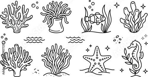 Cuadro en lienzo Undersea coral reef marine life vector line icons set featuring sea anemone clow