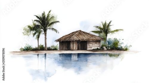Watercolor painting of tropical beach hut with palm trees reflecting on calm blue water serene island landscape art print