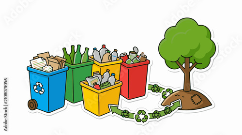 Colorful bins overflow with recyclables connecting to a vibrant tree