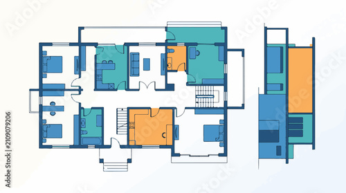 Colorful blueprint shows layout of rooms furniture and stairs