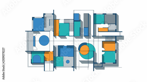 Colorful blueprint of an abstract building plan with various rooms