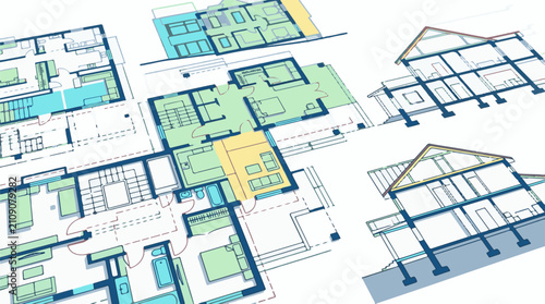 Colorful blueprints show floor plans and cross-sections of houses