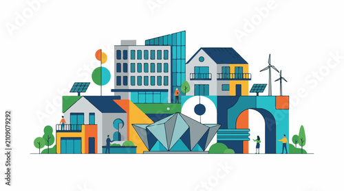 Colorful buildings wind turbines solar panels and small figures