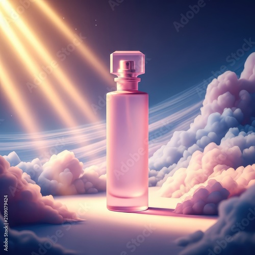 A minimalist pink glass bottle of fantasy perfume sits amidst soft ethereal clouds and golden light rays, creating a dreamy magic ambiance, light, liquid, minimalist