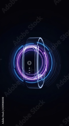 A sleek futuristic digital wearable device radiates a luminous midnight blue and purple glow with complex circular light patterns in dark, shadows, technology, circuit