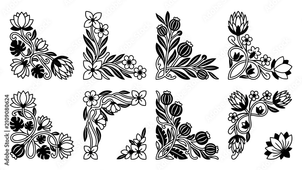 Fototapeta premium Ornate arabesque corners with floral elements for decoration