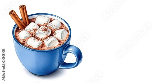 Beautiful watercolor painting of hot chocolate in a blue ceramic mug with fluffy marshmallows and cinnamon sticks on a white background, breakfast, hot chocolate, beverage