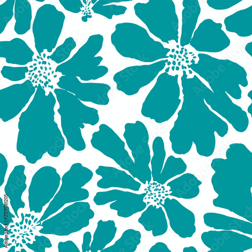 Abstract teal flowers on a crisp white ground. Watercolor Seamless Pattern. Textile Design for fabric wallpaper print. Vector illustration 