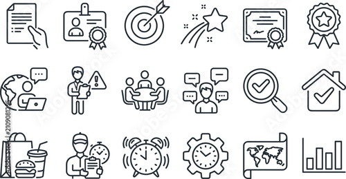 Business management marketing human resources data analysis and corporate strategic planning outline line icon set