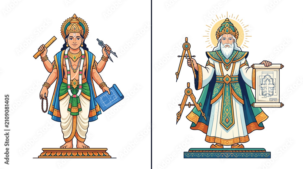 Obraz premium Architect deity figures with ancient tools and building plans