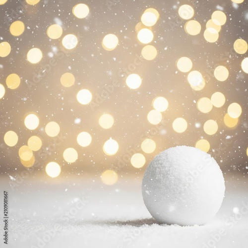 Festive winter background featuring soft falling snow and glowing bokeh lights in warm gold and white tones for Christmas and New Year, night, white, magic