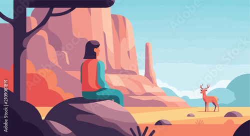 Person observes deer in a stylized desert landscape