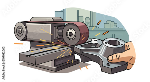 A metal part being polished on a belt sander, sparks fly