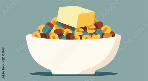 A block of butter melting over a colorful cereal bowl