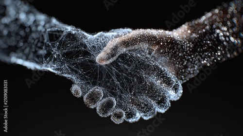 Handshake in futuristic digital environment symbolizing partnership, trust, innovation, technology collaboration and business connection