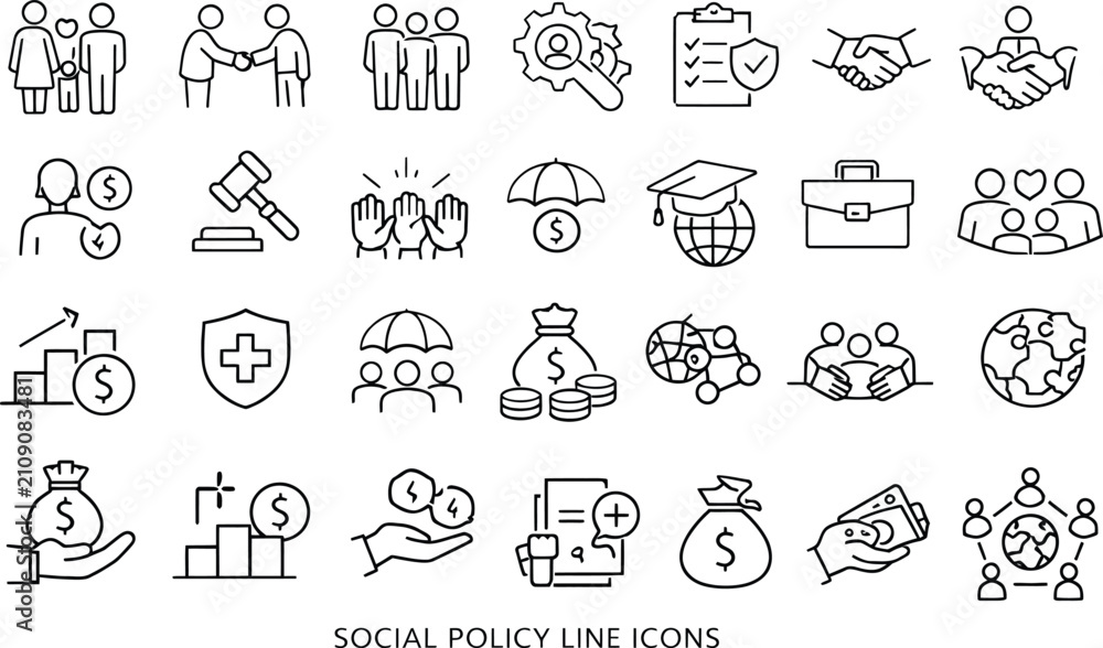 Fototapeta premium Social Policy Financial Insurance and Education Line Icon Set