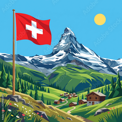 Majestic Alpine Landscape Featuring a Snowy Mountain Peak and a National Flag Waving Over a Traditional Swiss Village