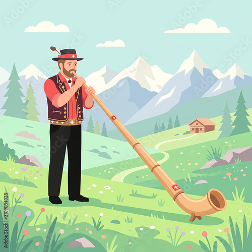 Alpine Musician Playing Traditional Wooden Alphorn in Beautiful Swiss Mountain Landscape Illustration