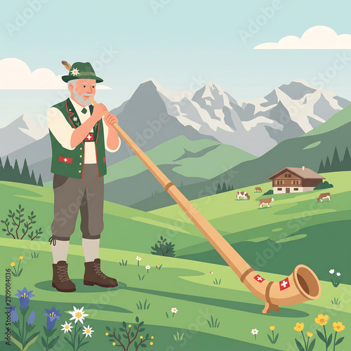 Elderly man in traditional Swiss attire playing alphorn in scenic Alpine meadow with mountains and cows