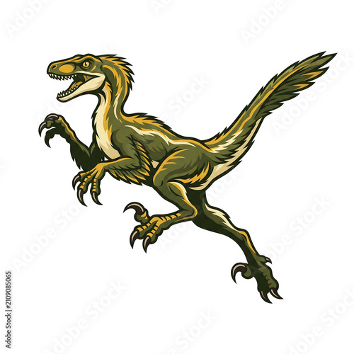 Aggressive running velociraptor dinosaur illustration isolated on white background for mascot or logo design