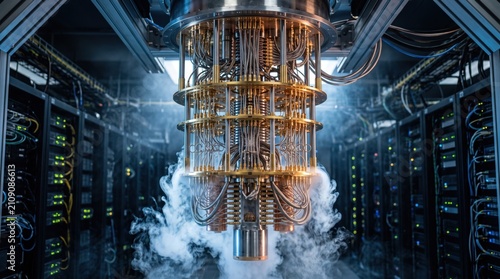Quantum Computing Core: A highly advanced quantum computer, featuring a complex cryogenic system, sits at the heart of a server room, surrounded by rows of equipment.