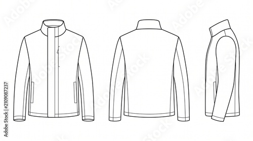 Men's Jacket Technical Flat Sketch Vector - Front Back and Side View for Apparel Design