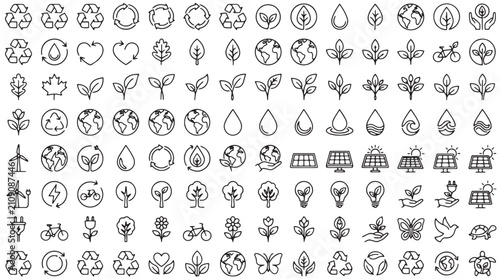 Eco friendly line icons set, sustainable energy and recycling symbols vector, 100 ecology and green environment outline elements for web design
