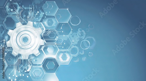 Vector illustration of gear wheel, hexagons and circuit board with futuristic hi-tech digital technology and engineering telecom network on light blue abstract background