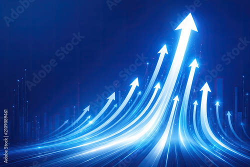 Glowing blue business growth arrows pointing up on a dark background