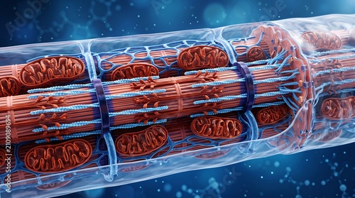A detailed illustration of a muscular structure with red and blue fibers