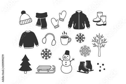 A collection of black and white line art and silhouette icons representing winter season elements. Includes warm clothing, snow, festive items, and outdoor activities