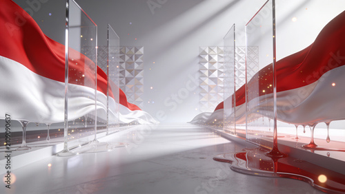 Red and white flags flow gracefully through a sleek, modern corridor