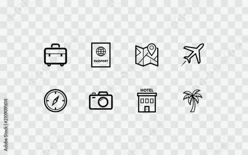 Set of travel and tourism icons including suitcase, passport, map, airplane, compass, camera, hotel, and palm tree