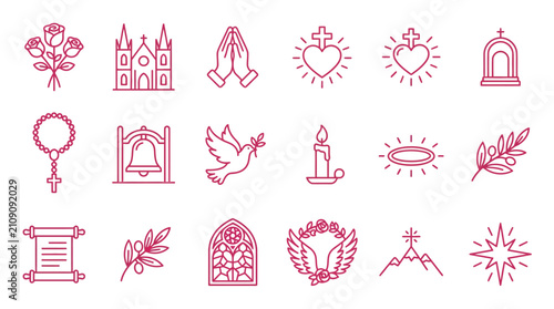 Cuadro en lienzo Collection of religious icons and symbols in a clean line art style, representing faith and spirituality