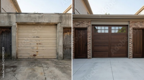 Side-by-side comparison garage door left side Old Dented Transformed into New Modern Wood Design